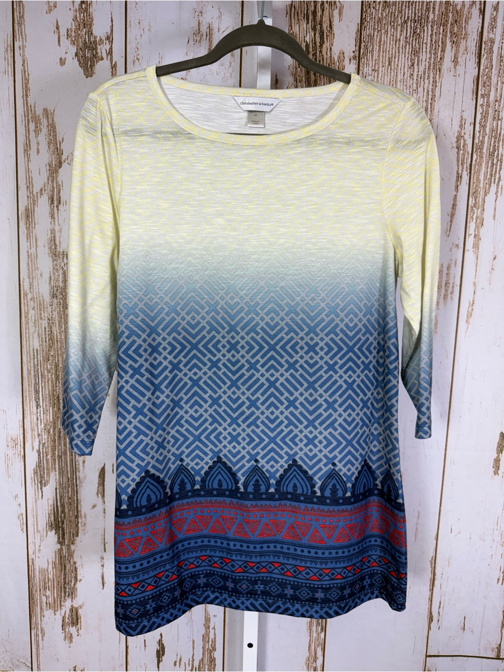 Christopher & Banks, Yellow To Blue Ombre Printed Tunic With Fun Print. Size Med